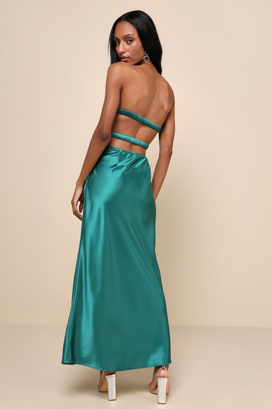 LULUS SO RARE EMERALD GREEN SATIN STRAPLESS TWIST-FRONT MIDI DRESS