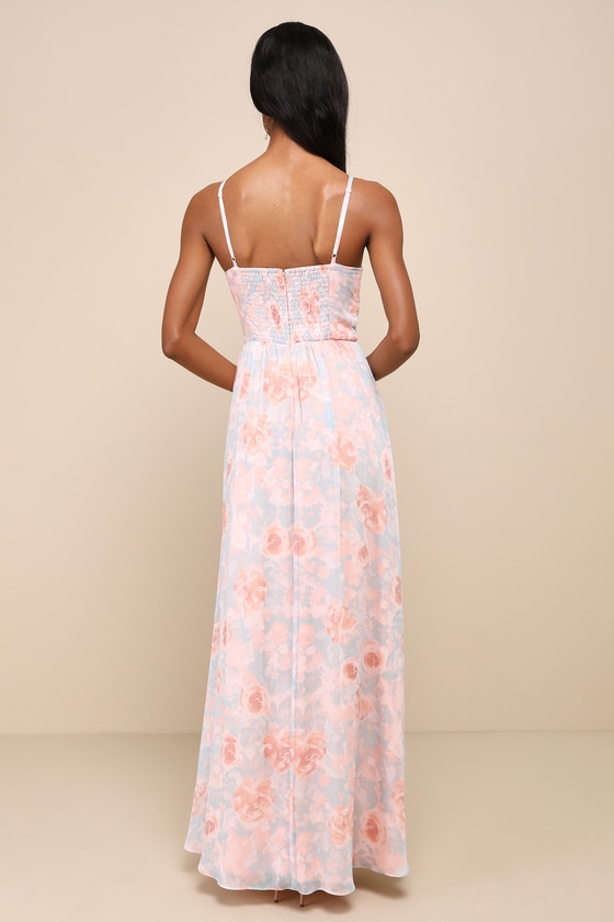 Lulus Exceptional Sweetness Peach Floral Chiffon Pleated Maxi Dress In Peach