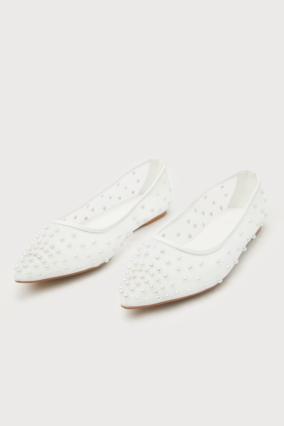 Avery White Mesh Pearl Pointed-Toe Ballet Flats 3