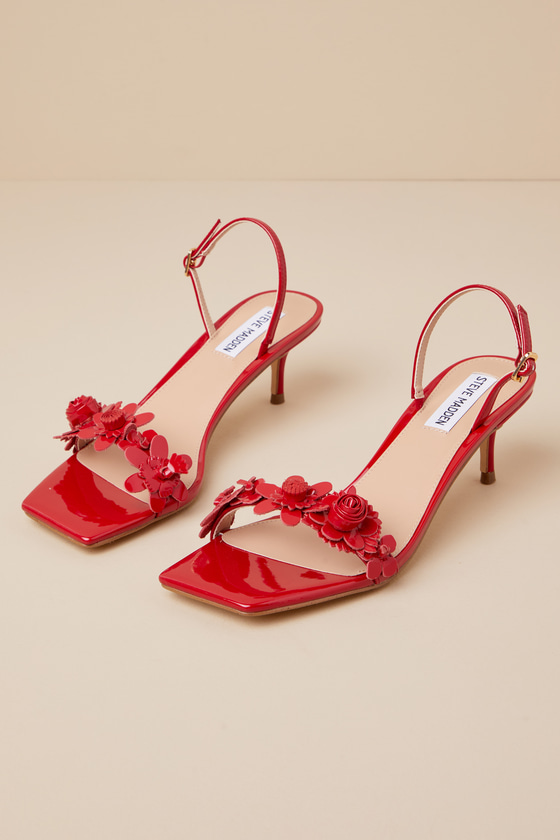 Shop Steve Madden Rosalea Red Patent Flower Slingback Kitten Heel Sandals