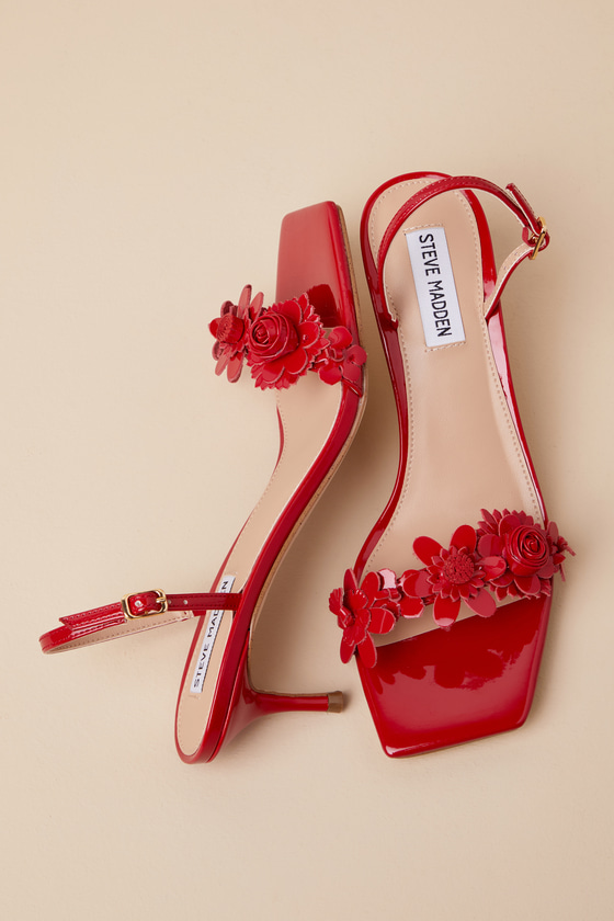 Shop Steve Madden Rosalea Red Patent Flower Slingback Kitten Heel Sandals