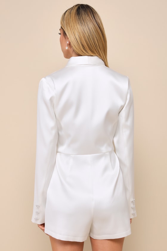 Lulus Regal Aura White Satin Long Sleeve Blazer Romper In White