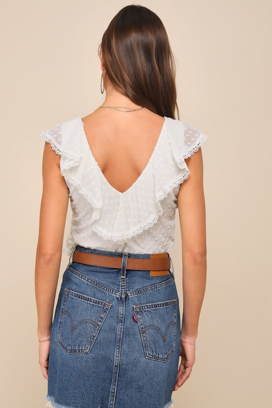 Lulus Flawless And Flirty Cream Clip Dot Ruffled Lace Bodysuit In White