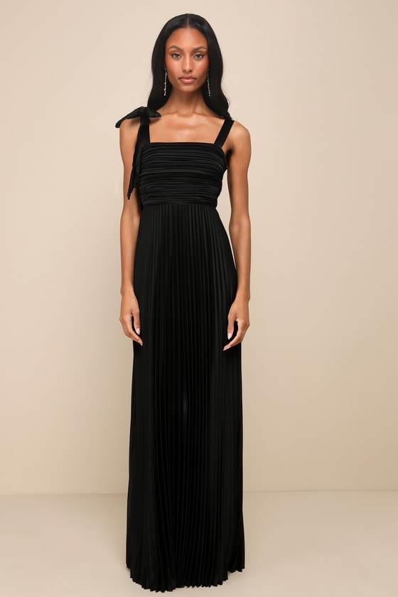 Lulus Gorgeous Purpose Black Satin Pleated Sleeveless Bow Maxi Dress In Black