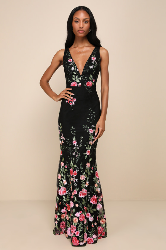 Lulus Soiree Blossom Black Floral Embroidered Mermaid Maxi Dress In Black