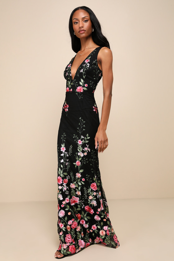 Lulus Soiree Blossom Black Floral Embroidered Mermaid Maxi Dress In Black