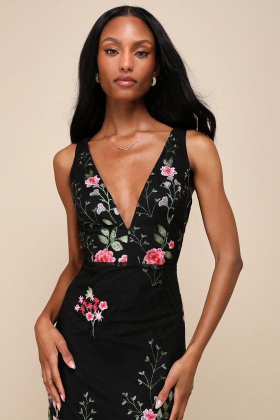 Lulus Soiree Blossom Black Floral Embroidered Mermaid Maxi Dress In Black
