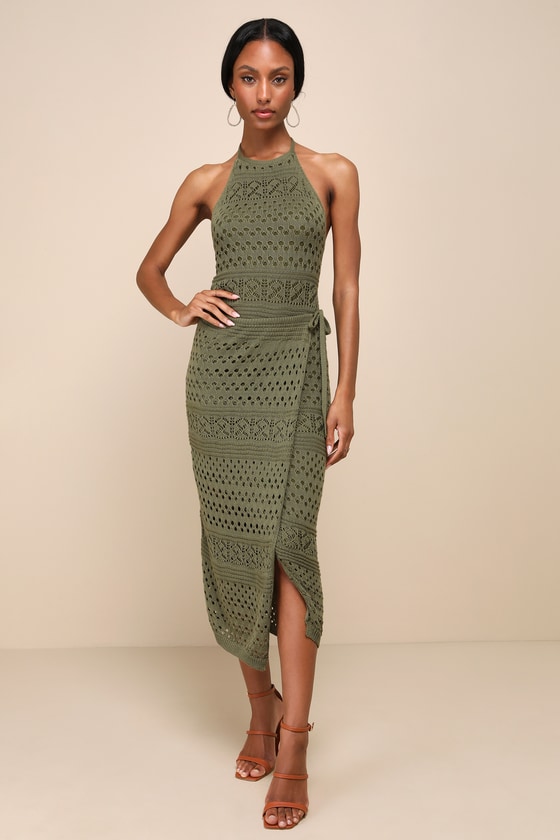 Lulus Blissful Strolls Olive Green Crochet Faux-wrap Halter Midi Dress In Olive Green