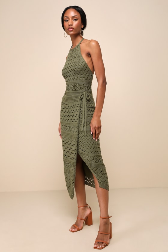 Lulus Blissful Strolls Olive Green Crochet Faux-wrap Halter Midi Dress In Olive Green