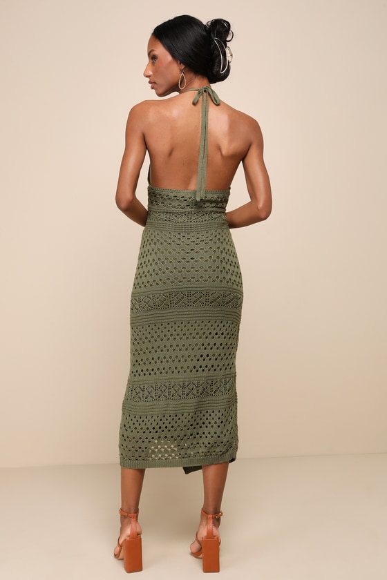 Lulus Blissful Strolls Olive Green Crochet Faux-wrap Halter Midi Dress In Olive Green