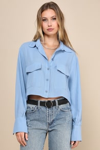 Truly Elevated Light Blue Collared Cropped Button-Up Top