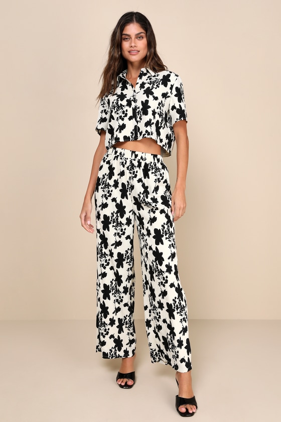Modern Direction Cream Floral Plisse High Rise Pants 2