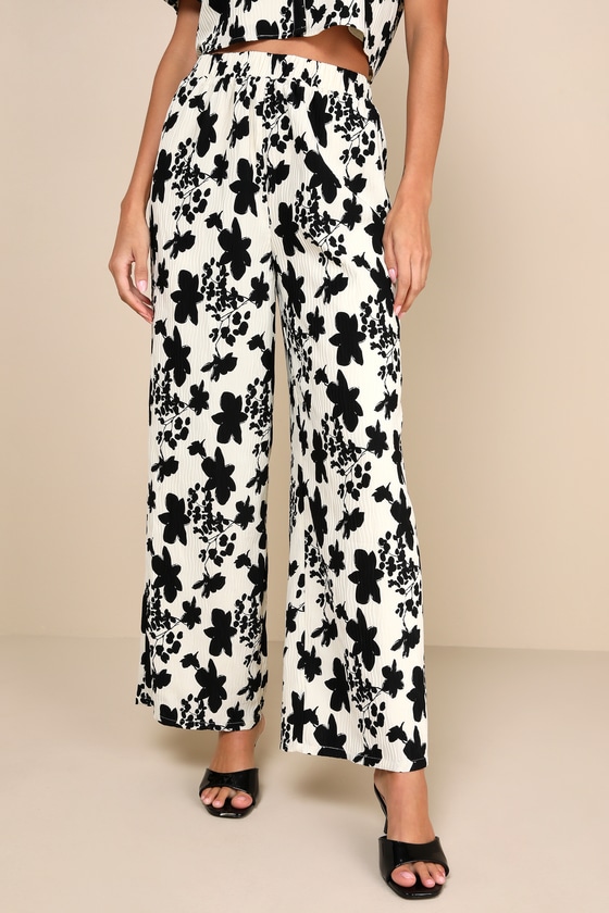 Shop Lulus Modern Direction Cream Floral Plisse High Rise Pants In White