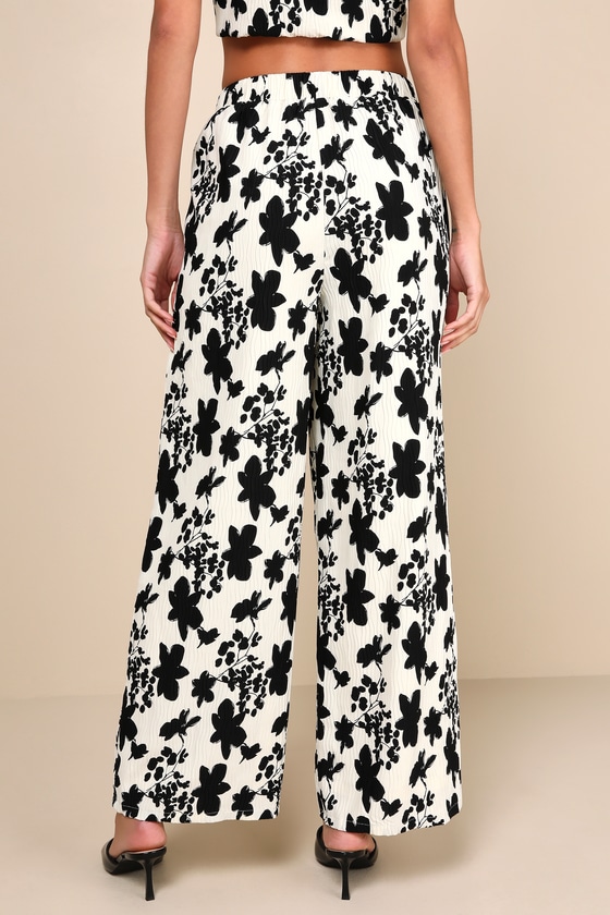 Shop Lulus Modern Direction Cream Floral Plisse High Rise Pants In White
