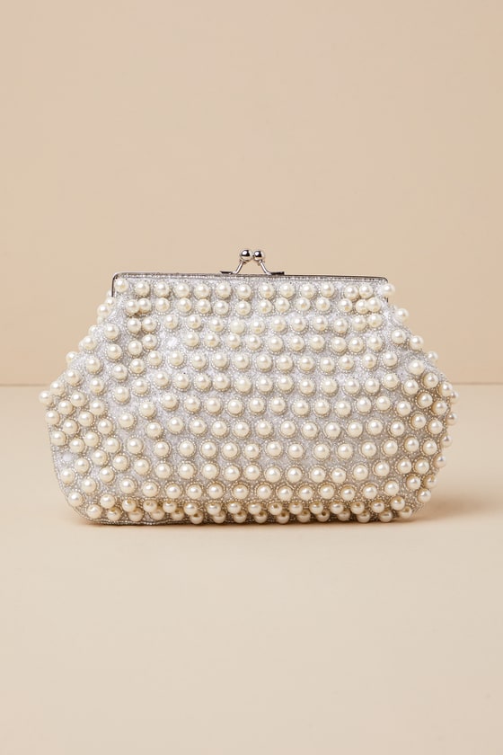 Lulus Brilliant Energy White And Silver Pearl Beaded Clutch In White
