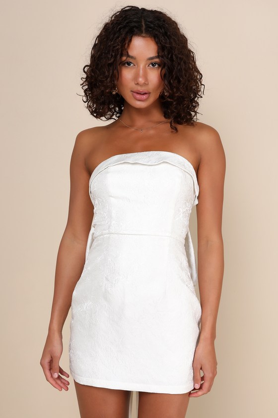 Chic Destiny Ivory Floral Jacquard Strapless Bow Mini Dress 2