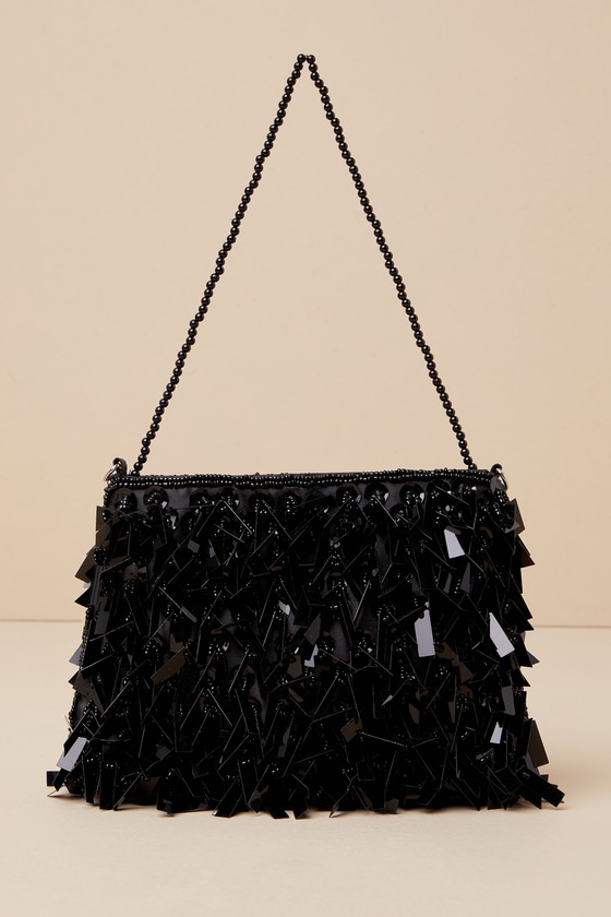 Shop Lulus Party Professional Shiny Black Beaded Fringe Handbag