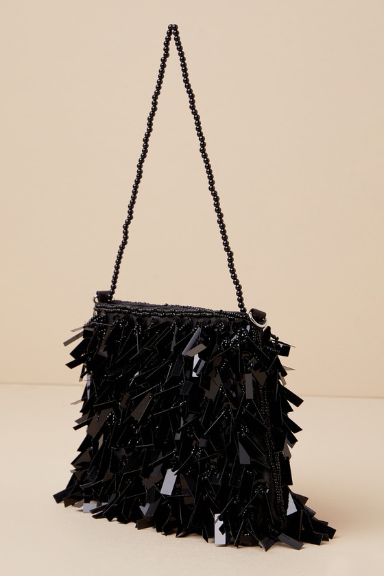 Shop Lulus Party Professional Shiny Black Beaded Fringe Handbag