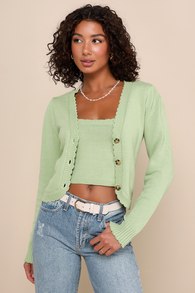 Classic Coziness Green Knit Cropped Tank Top and Cardigan Set