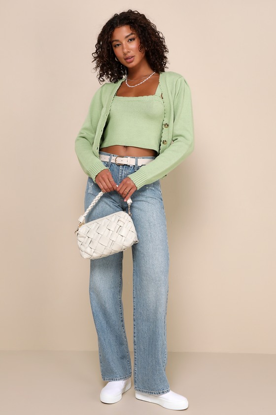 Green Cropped Sweater Set - Cardigan Sweater - Tank Cardi Set - Lulus