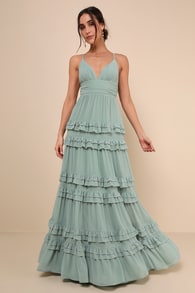 Lavish Perfection Sage Green Ruffled Tiered Maxi Dress