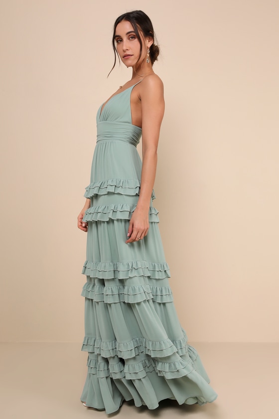 Lulus Lavish Perfection Sage Green Ruffled Tiered Maxi Dress In Sage Green