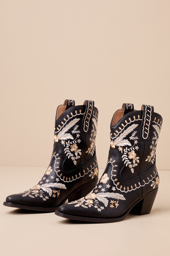 Shop Lulus Edeline Black Embroidered Pointed-toe Western Ankle Boots