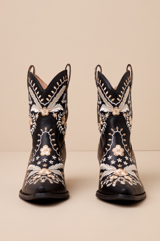 Shop Lulus Edeline Black Embroidered Pointed-toe Western Ankle Boots