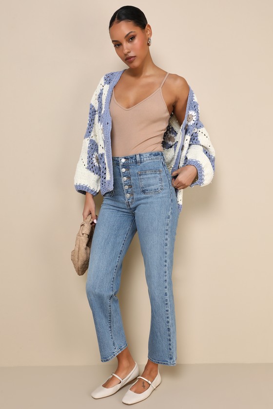 Ribcage Medium Wash Straight Leg Patch Pocket High-Rise Jeans 1