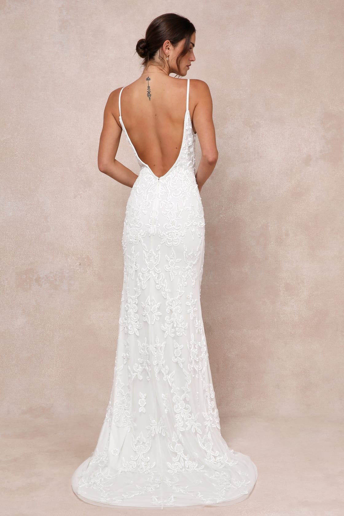 Everlasting Passion White Sequin Beaded Backless Maxi Dress