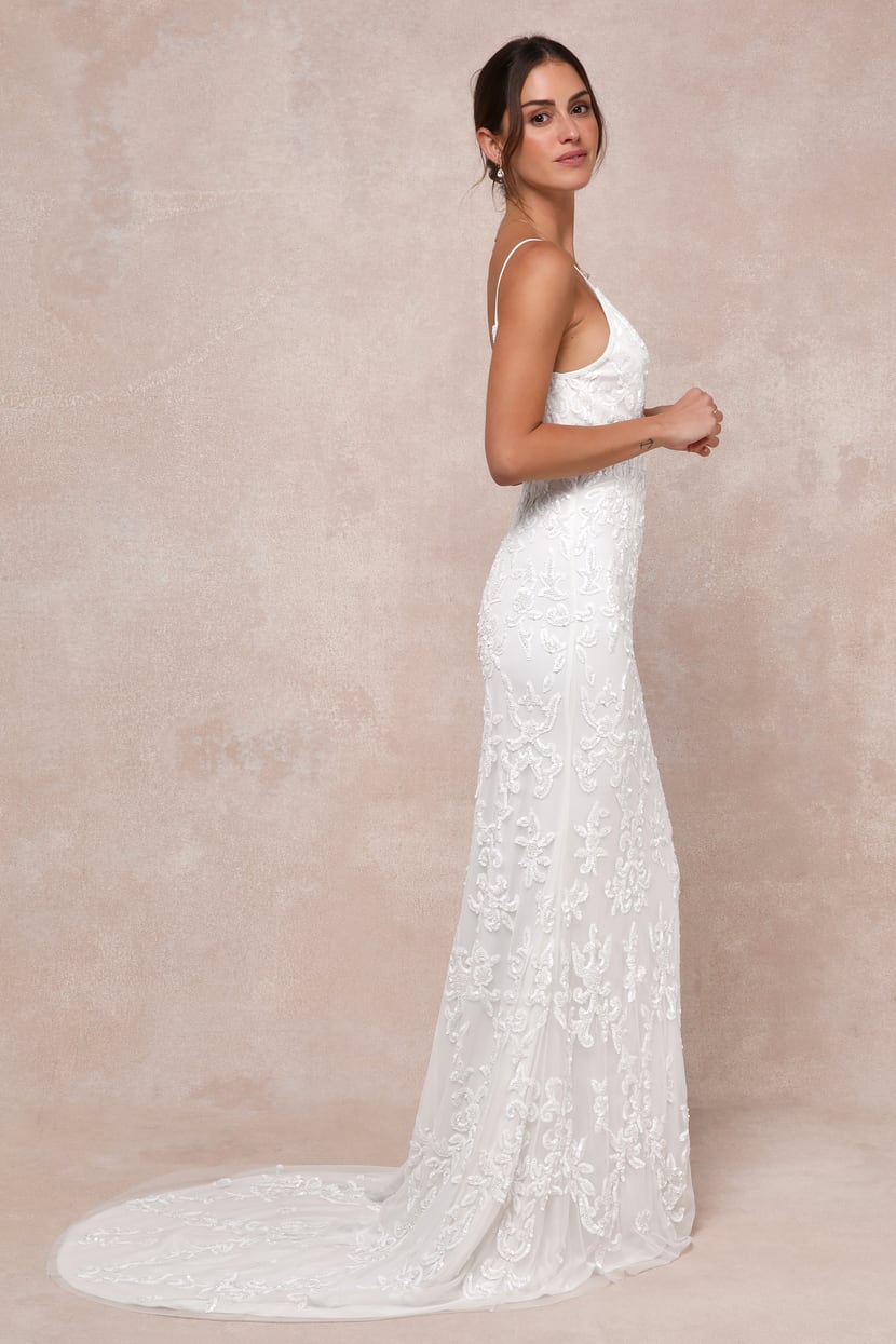 Everlasting Passion White Sequin Beaded Backless Maxi Dress