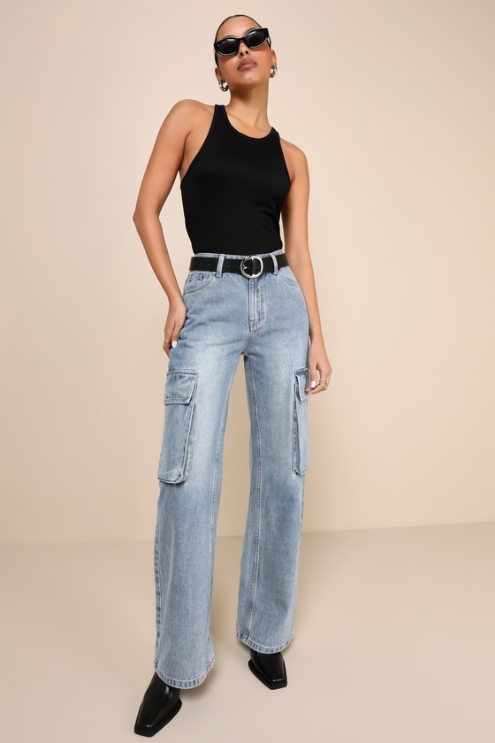 Icon Time Medium Wash Denim High-Rise Wide-Leg Cargo Jeans 1