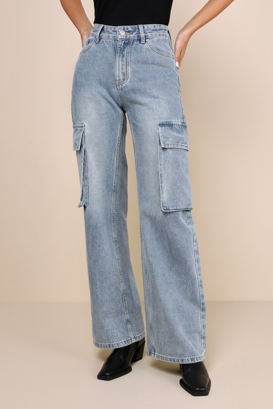 Icon Time Medium Wash Denim High-Rise Wide-Leg Cargo Jeans 2