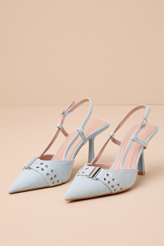 Shop Lulus Amir Light Denim Buckle Slingback Pointed-toe Mule Pumps In Blue