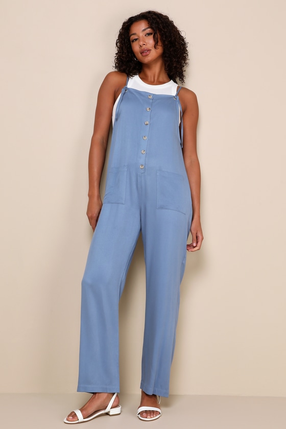 Shop Lulus Sunny Day Strolls Slate Blue Twill Straight Leg Overall Jumpsuit