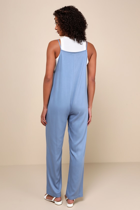 Shop Lulus Sunny Day Strolls Slate Blue Twill Straight Leg Overall Jumpsuit