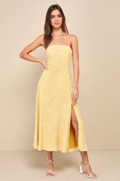 Catching Glances Yellow Ribbed Cutout Halter Midi Dress