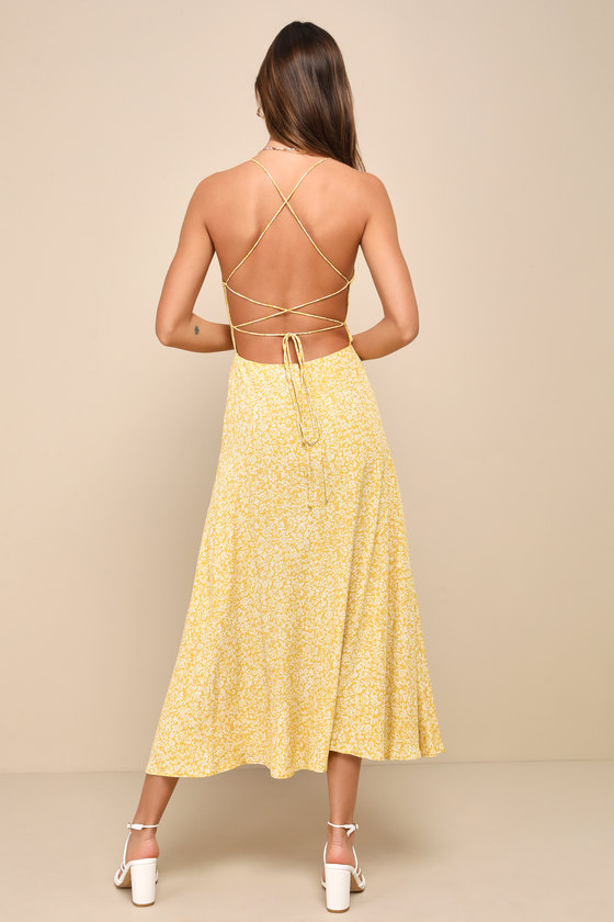 Lulus Charming Dedication Yellow Floral Sleeveless Lace-up Midi Dress In Yellow