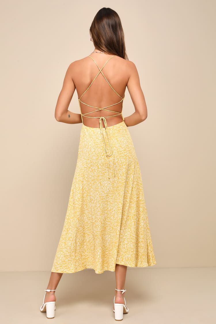 Charming Dedication Yellow Floral Sleeveless Lace-Up Midi Dress