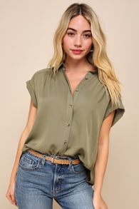 Exceptional Simplicity Olive Green Short Sleeve Button-Up Top