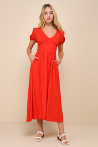 Cute Delight Red Orange Linen Backless Midi Dress With Pockets