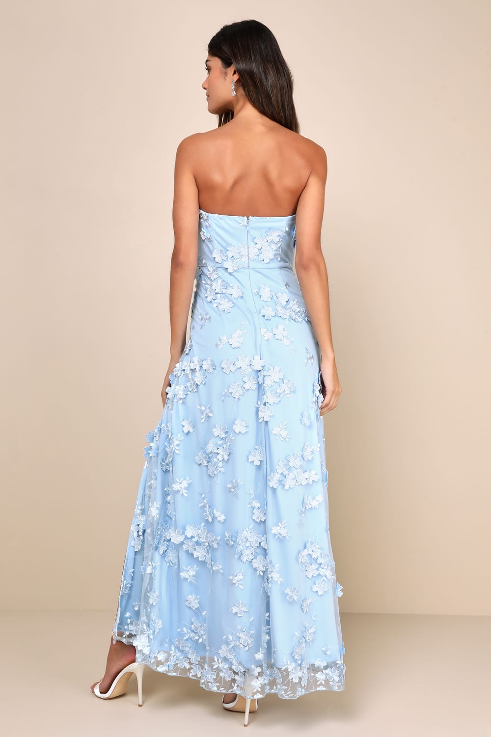 Rare Presence Powder Blue 3D Floral Embroidered Maxi Dress