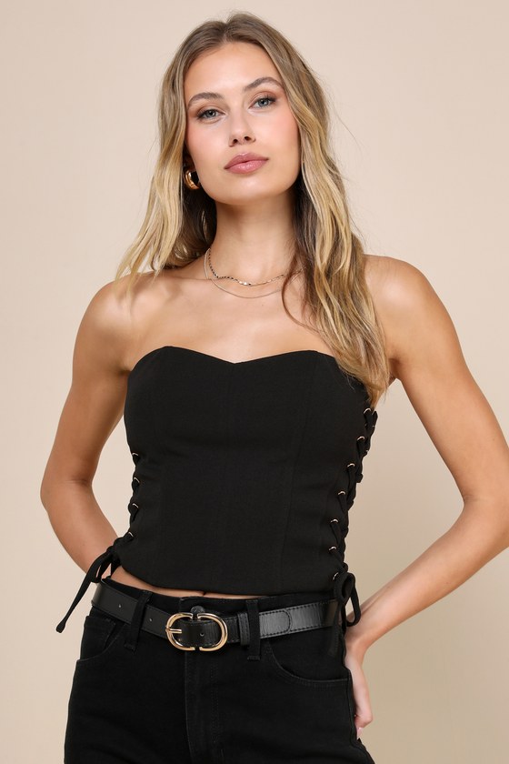Shop Lulus Adoring Allure Black Strapless Lace-up Bustier Crop Top