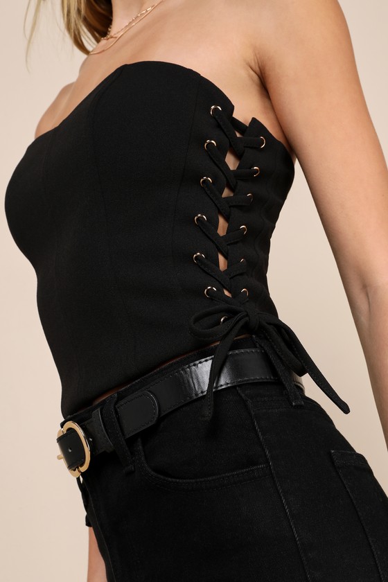 Shop Lulus Adoring Allure Black Strapless Lace-up Bustier Crop Top