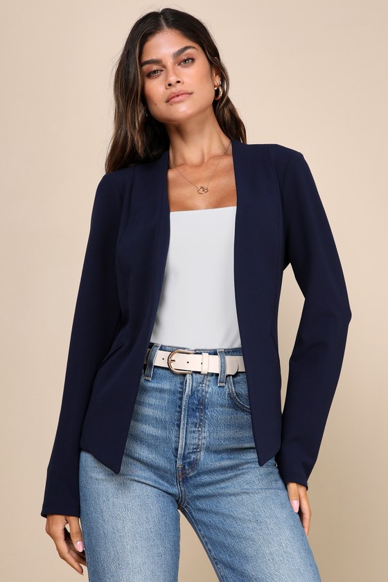 Navy Blue Collarless Blazer - Lightweight Blazer - Office Blazer - Lulus