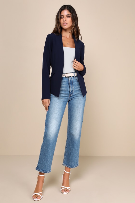 Mrs. Punctuality Navy Blue Collarless Lightweight Blazer 2