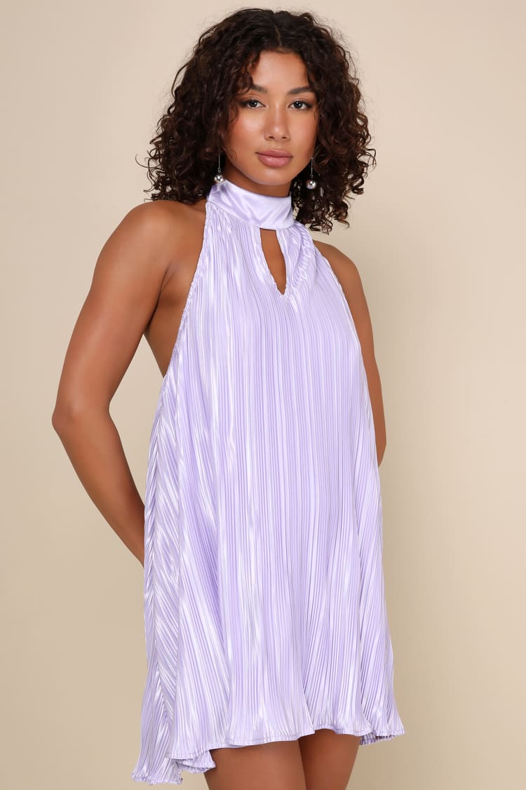 Pretty Aura Lavender Satin Plisse Mock Neck Mini Swing Dress