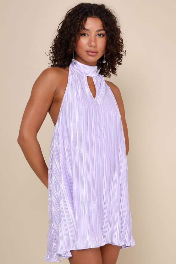 Pretty Aura Lavender Satin Plisse Mock Neck Mini Swing Dress 1