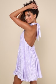 Pretty Aura Lavender Satin Plisse Mock Neck Mini Swing Dress
