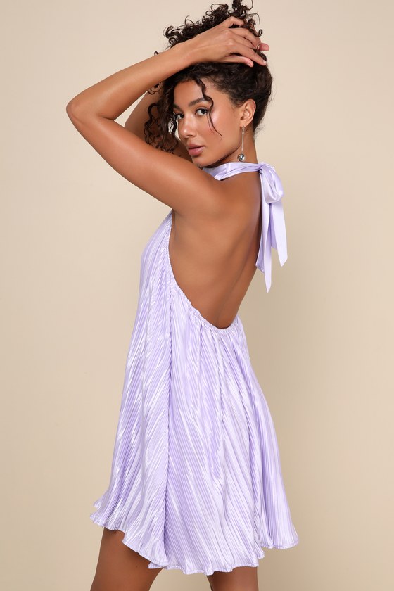Pretty Aura Lavender Satin Plisse Mock Neck Mini Swing Dress 2